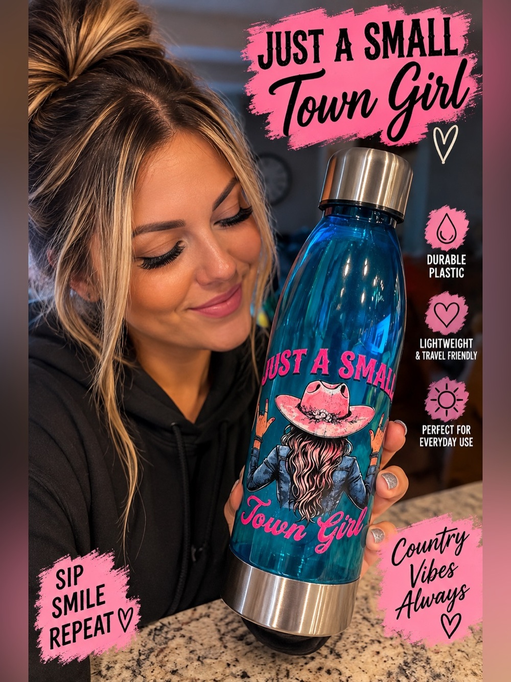 Mainstays Blue PLASTIC Bottle with Pink 'Just a Small Town Girl' Design NEW